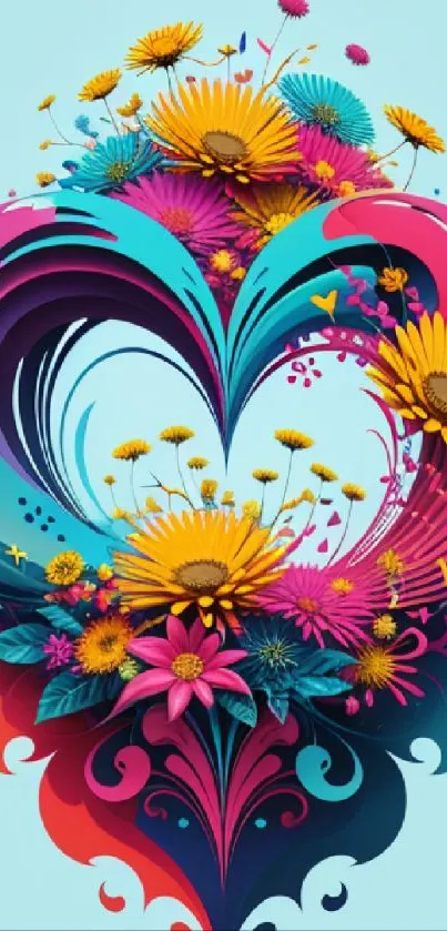 Vibrant floral heart wallpaper with dynamic color patterns and flowers.