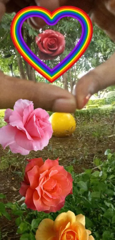 Heart-shaped rainbow frame with roses amidst greenery.