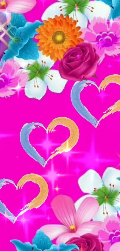 Colorful floral wallpaper with hearts on a hot pink background.