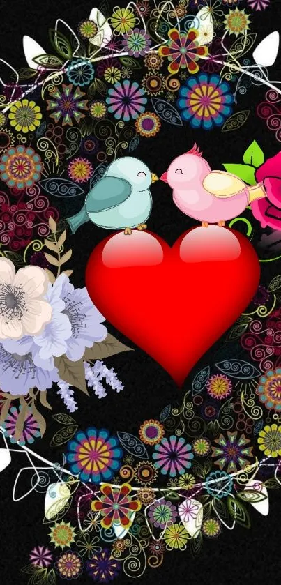 Colorful heart and floral mobile wallpaper with birds.