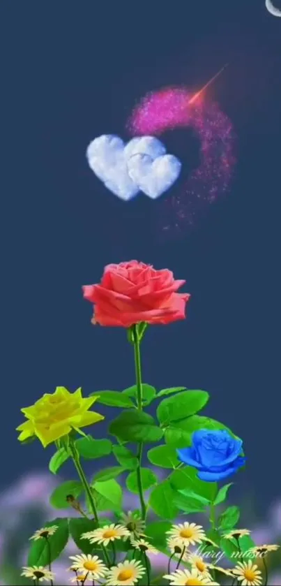 Colorful rose flowers with heart clouds in a night sky background.