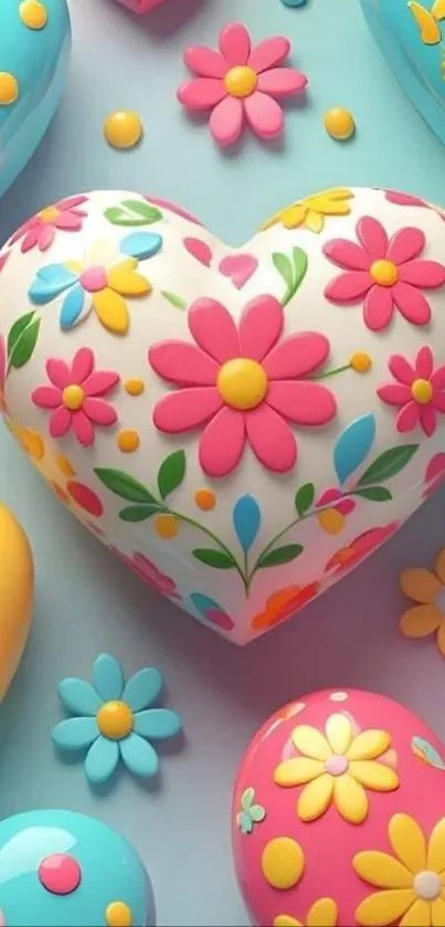 Colorful floral heart with pastel designs.