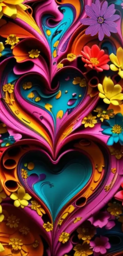 Vibrant, colorful floral heart wallpaper with bright pinks and intricate designs.