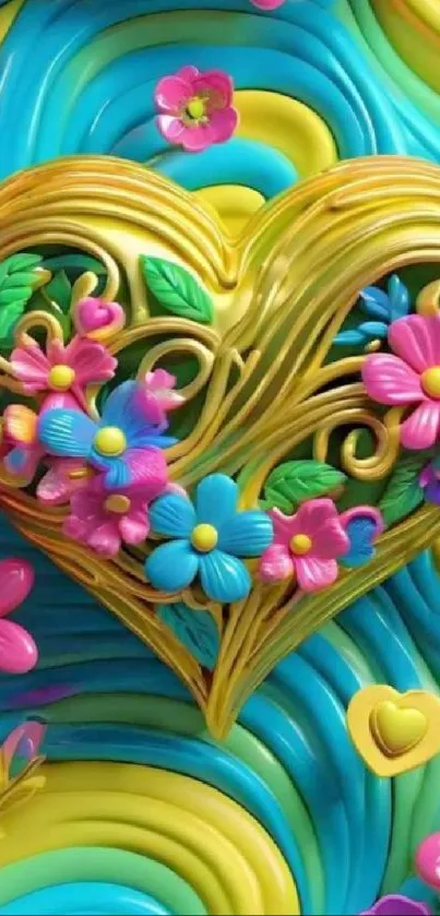 Vibrant golden heart with colorful flowers on a swirling blue background.