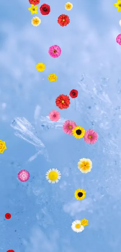 Colorful flowers scattered over an icy blue background.