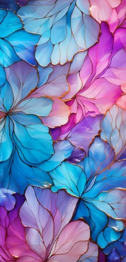 Vibrant abstract floral leaf pattern in blue, purple, and pink hues.