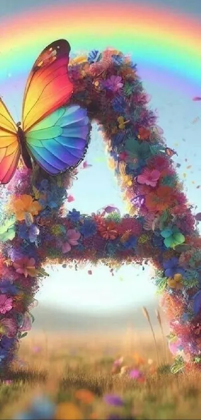 Floral letter A with butterfly and rainbow.