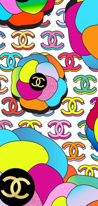 Colorful, vibrant mobile wallpaper featuring artistic logos and floral patterns.