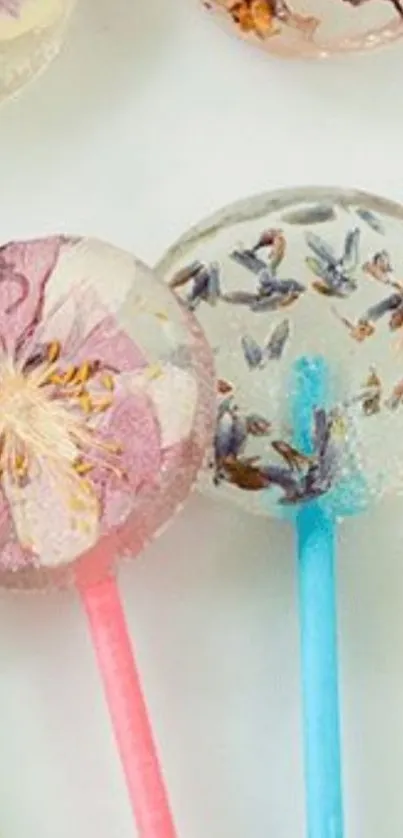 Mobile wallpaper of floral botanical lollipops in pastel colors.