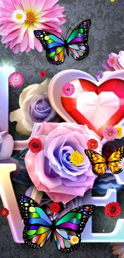 Colorful floral wallpaper with love and butterflies.