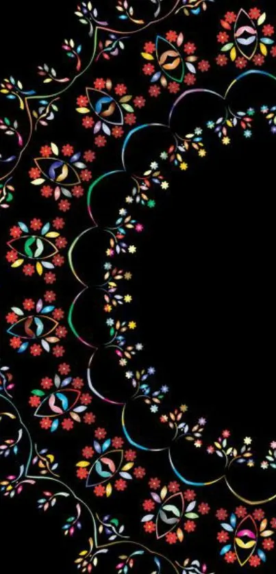 Colorful floral mandala wallpaper on black background