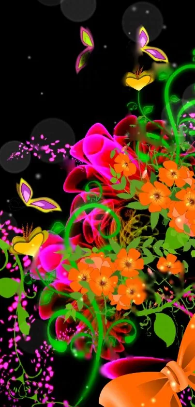 Colorful floral wallpaper with vibrant flowers and butterflies on a black background.