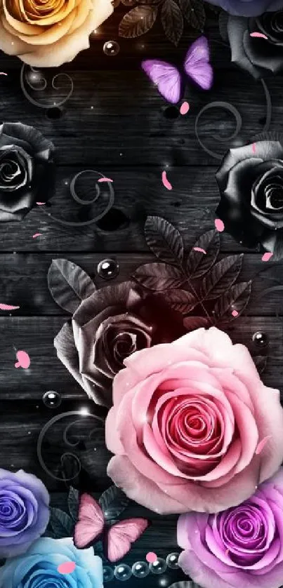 Colorful roses and butterflies on a dark wooden background.