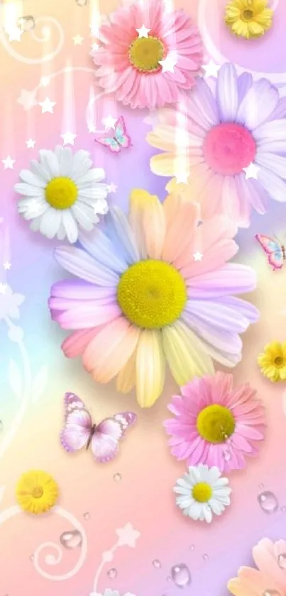 Mobile wallpaper with pastel daisies and butterflies.