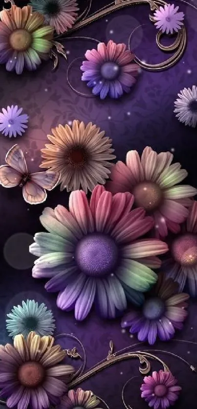 Vibrant floral mobile wallpaper with colorful daisies on a dark background.