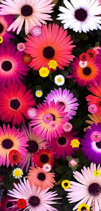 Colorful flowers in pink, purple, and orange on a vibrant wallpaper.