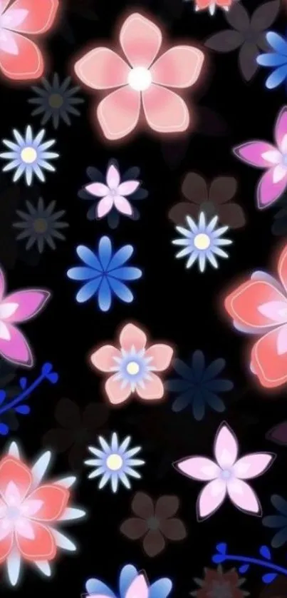 Vibrant floral mobile wallpaper with glowing flowers on a dark background.