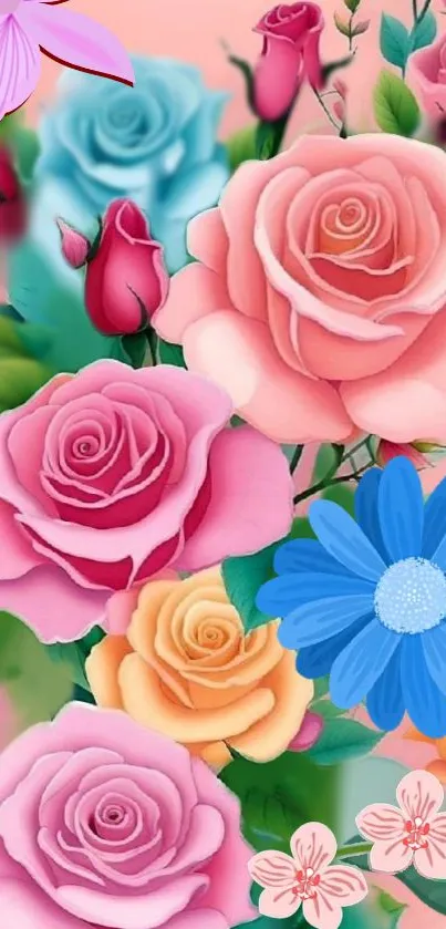 Colorful floral wallpaper with roses and bright flowers.