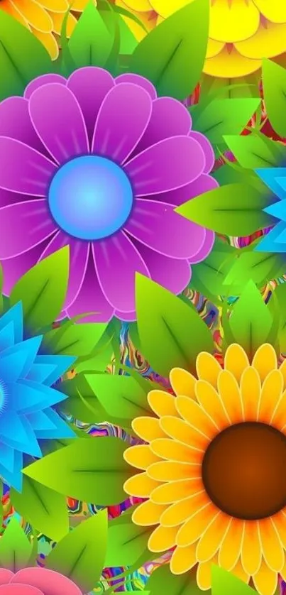 Colorful floral wallpaper with green leaves and bright blossoms.