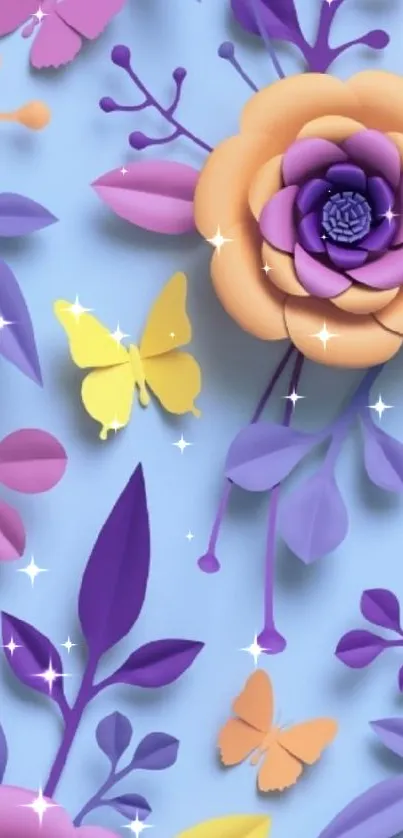 Colorful floral wallpaper with butterflies on a blue background.