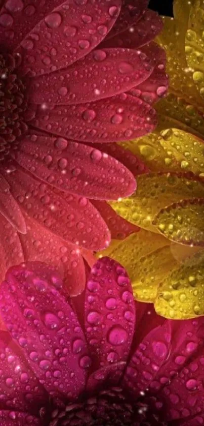 Close-up of pink and yellow flowers with raindrops.