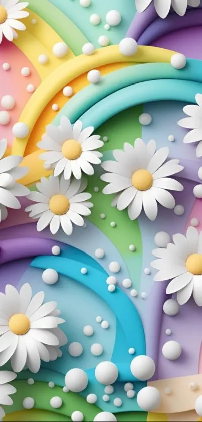 Artistic wallpaper with colorful daisies and abstract rainbow shapes.