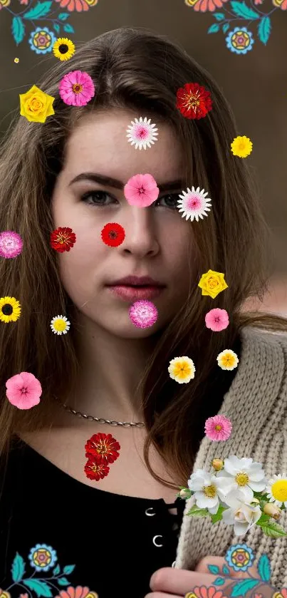 Mobile wallpaper of woman with colorful floral overlay.