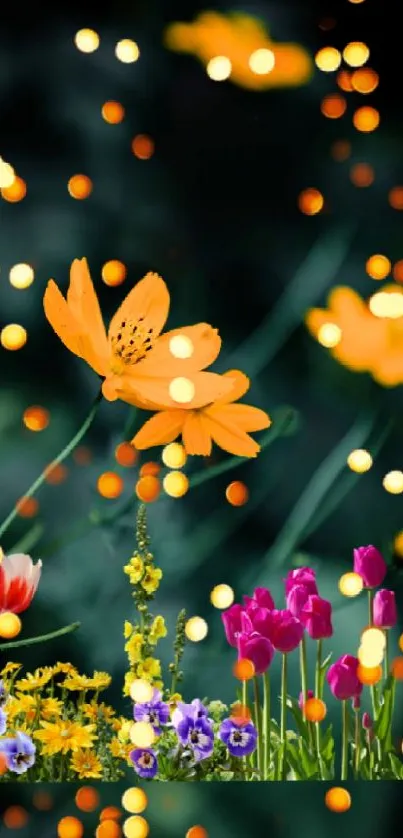 Vibrant floral wallpaper with colorful bokeh effect and orange flowers.