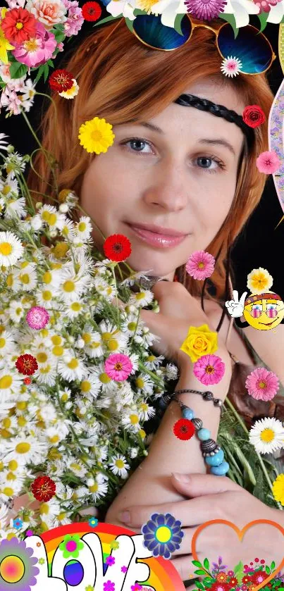Woman with colorful floral background.