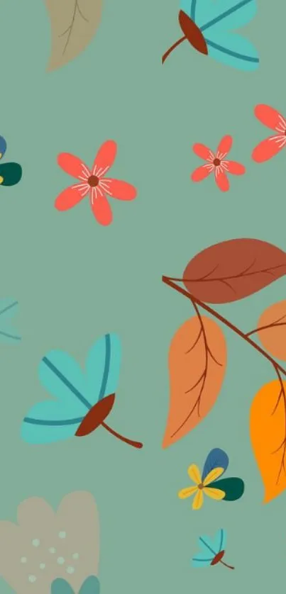 Colorful floral mobile wallpaper with teal background and vibrant leaves.