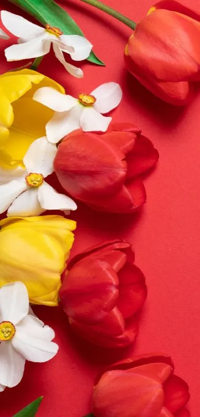 Vibrant floral wallpaper with red and yellow flowers on a red background.