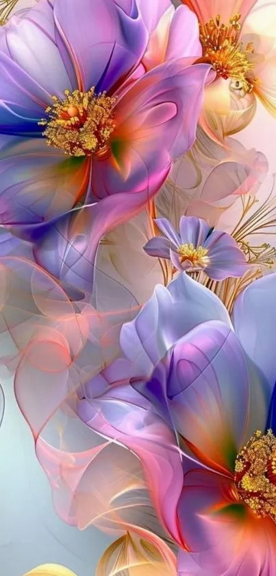 Vibrant floral abstract wallpaper with purple and orange hues.