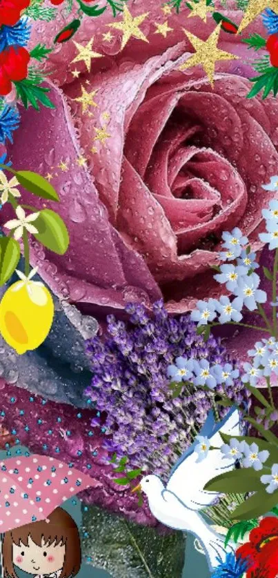 Vibrant wallpaper with a pink rose and colorful flowers.