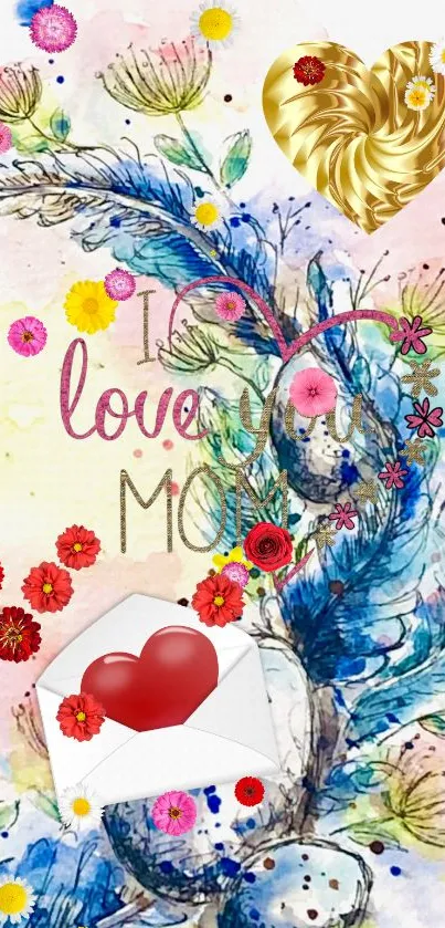 Colorful 'I Love Mom' floral wallpaper with hearts.