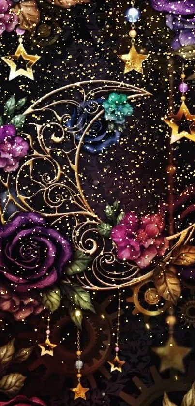 Vibrant floral moon wallpaper with stars and roses in dark violet hues.