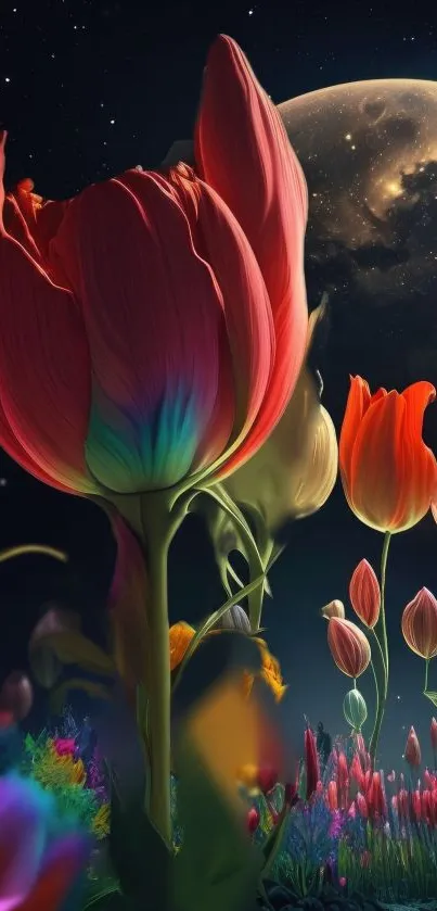 Colorful tulips under moonlight in a night garden.