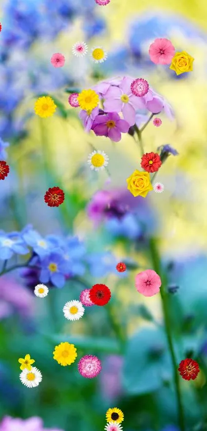 Vibrant mobile wallpaper with colorful flowers on a blue and green background.