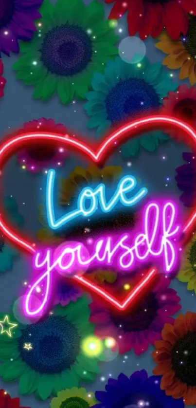 Vibrant wallpaper with a neon heart and colorful flowers, saying Love Yourself.