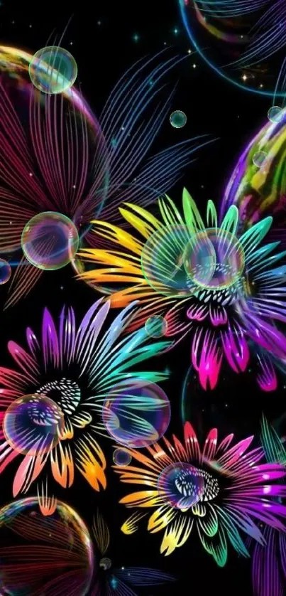 Vibrant neon flowers on black background wallpaper.