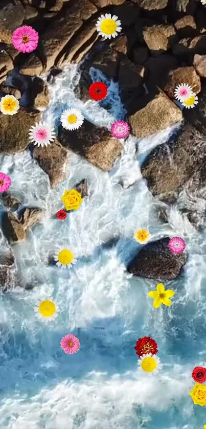 Mobile wallpaper with colorful flowers on a rocky ocean wave scene.