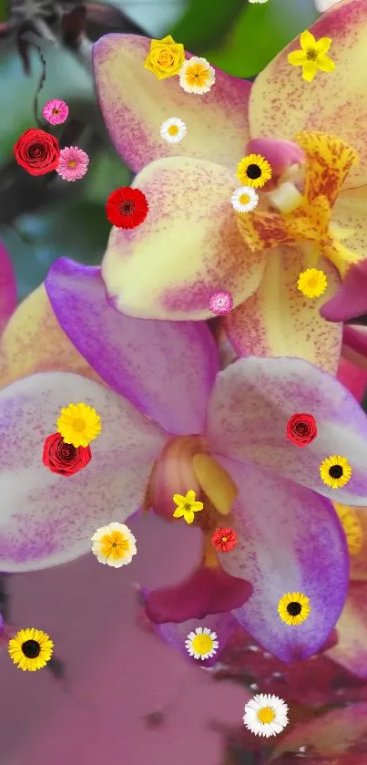 Vibrant wallpaper with colorful orchids and roses.