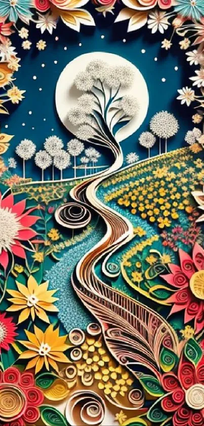 Intricate paper art with floral designs and a moonlit night sky.