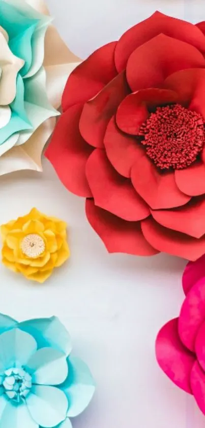 Vibrant floral paper art wallpaper with colorful blossoms.