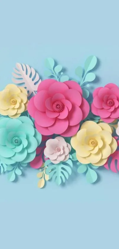 Colorful paper art floral design with pink, yellow, and teal elements.