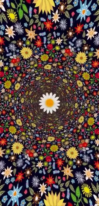 Vibrant kaleidoscopic floral pattern wallpaper.