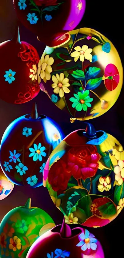 Vibrant orbs with floral patterns on a black background.