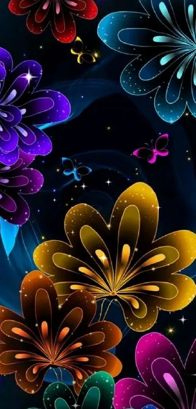 Colorful floral wallpaper with butterflies on a dark blue background.