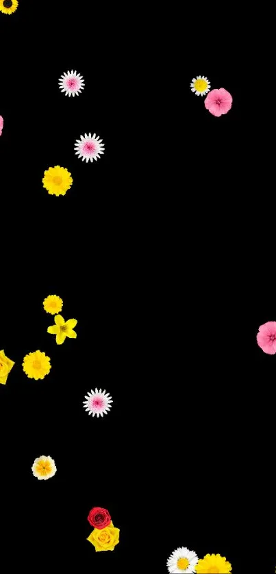 Colorful floral pattern on a black background with various flowers.