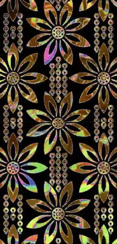 Vibrant floral pattern wallpaper with metallic hues.