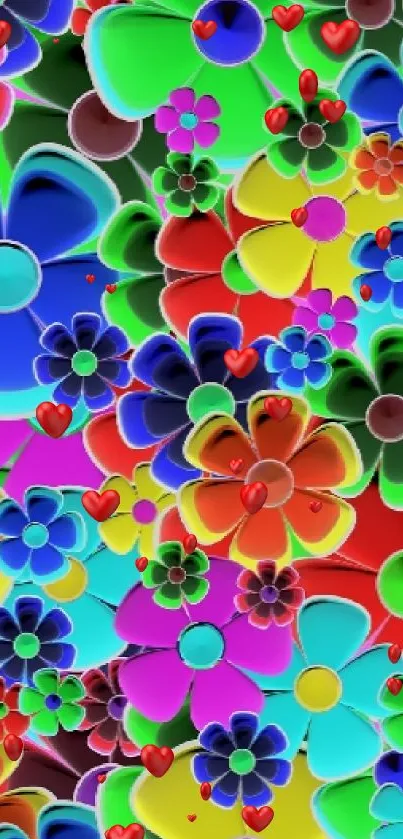 Vibrant colorful floral pattern wallpaper with various flower designs.
